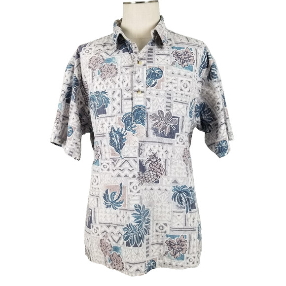 ONO & Company Shirt Mens 2XL Blue Gray Hawaiian Floral Pineapple Aloha Cotton - Picture 1 of 12